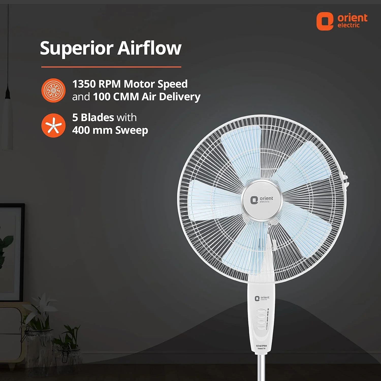 Wind Pro Stand 400 MM High Velocity Pedestal Fan (Snow White) - Image 3